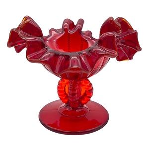 Vintage Fenton for LE Smith glass ruby red amberina beaded ruffle compote
